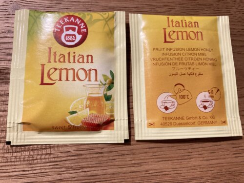 イタリアンレモンハーブティーのティーバッグのパッケージの表と裏